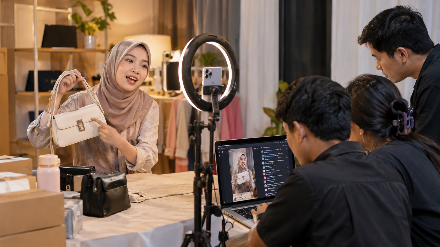 Ilustrasi suasana sesi live shopping di studio