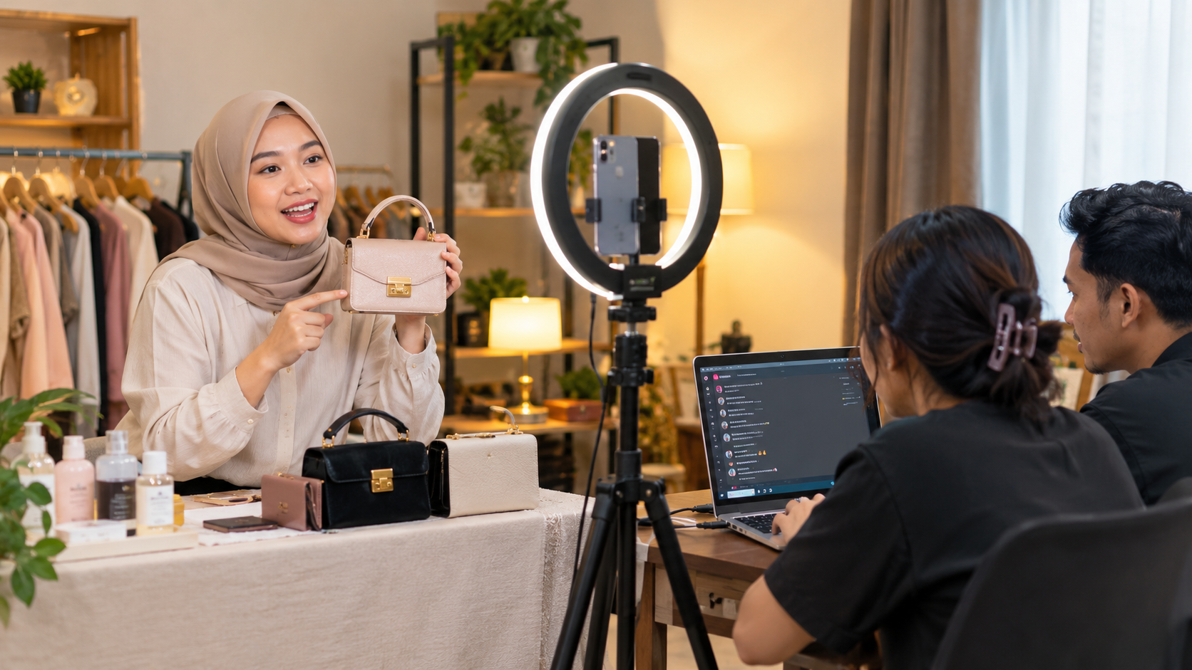 Ilustrasi suasana sesi live shopping di studio