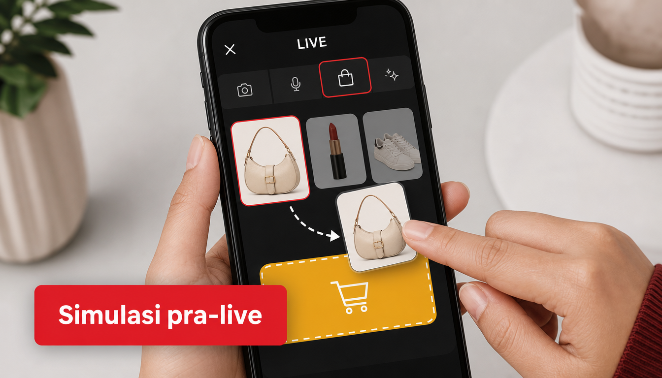 Langkah verifikasi produk dan pilih template sebelum tekan Siarkan | live shopping
