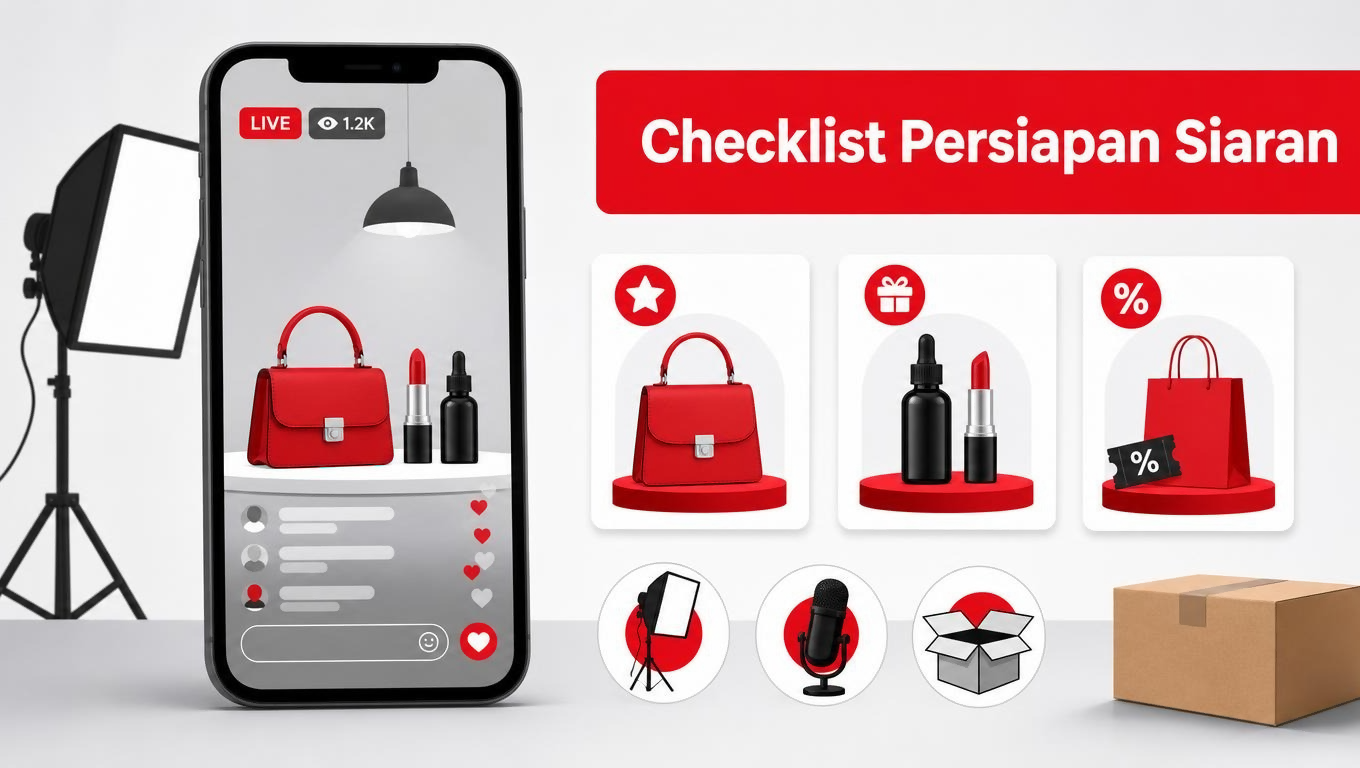 Ilustrasi layout siaran dan checklist teknis sederhana | live shopping