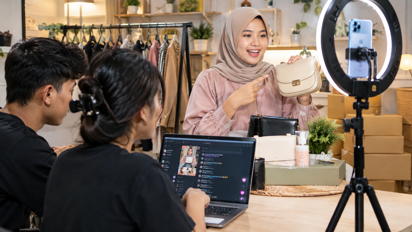 Ilustrasi suasana sesi live shopping di studio