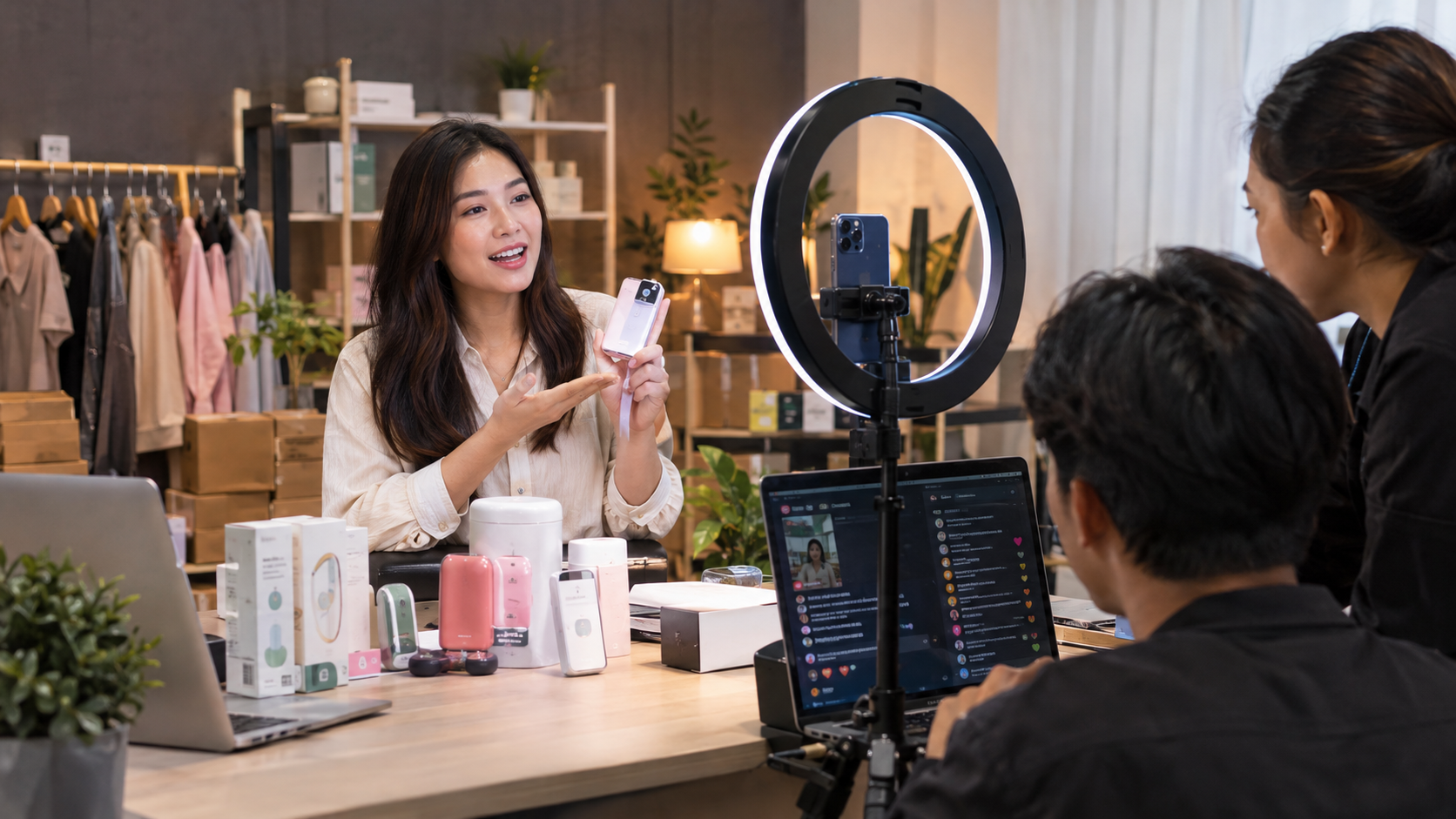 Ilustrasi suasana sesi live shopping di studio