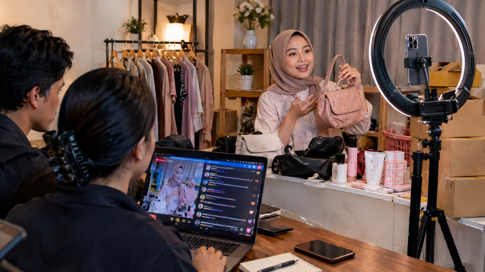 Ilustrasi suasana sesi live shopping di studio