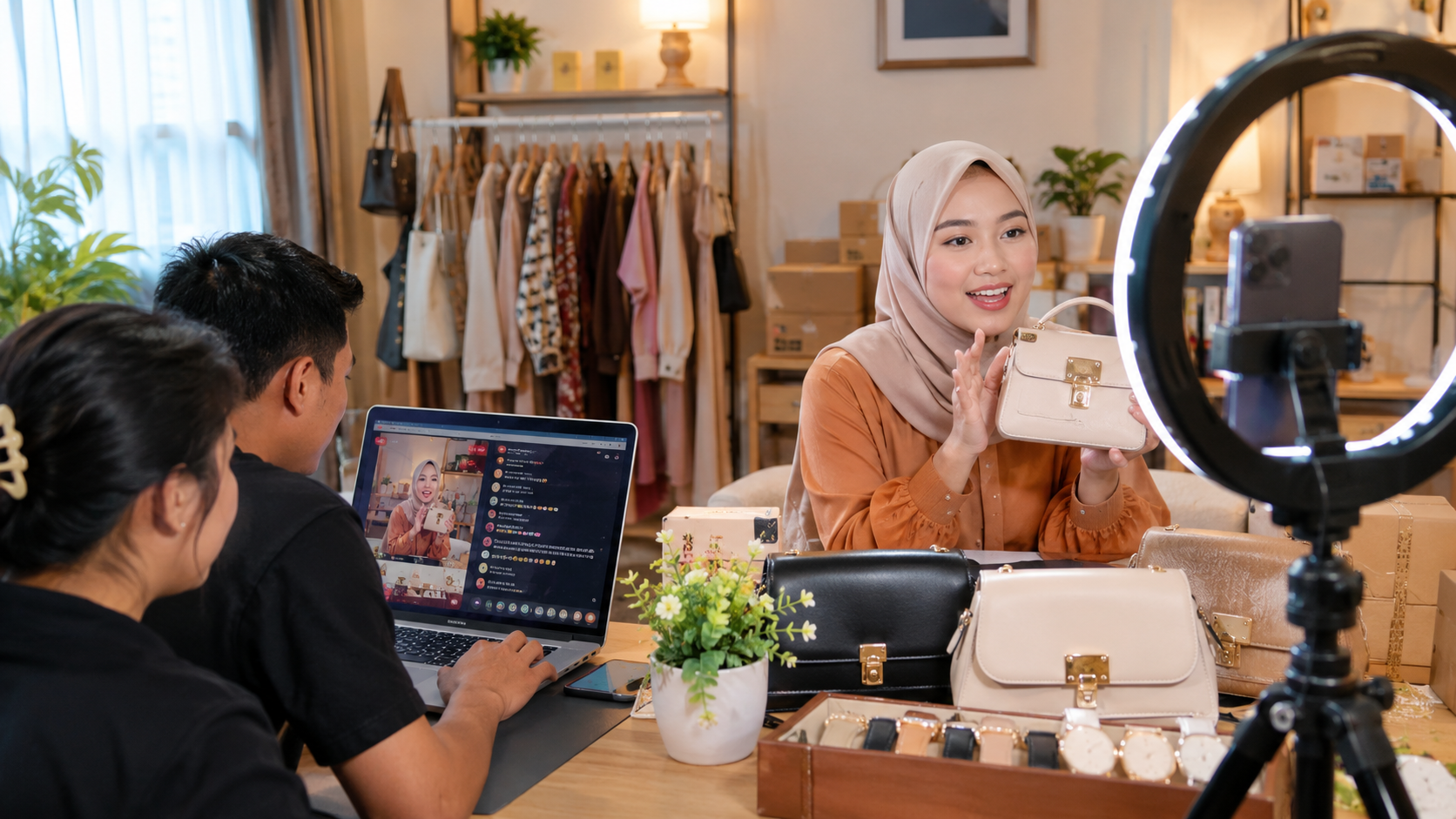 Ilustrasi suasana sesi live shopping di studio