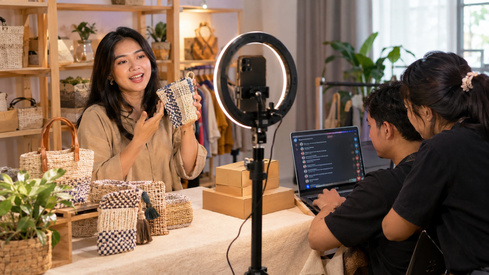 Ilustrasi suasana sesi live shopping di studio