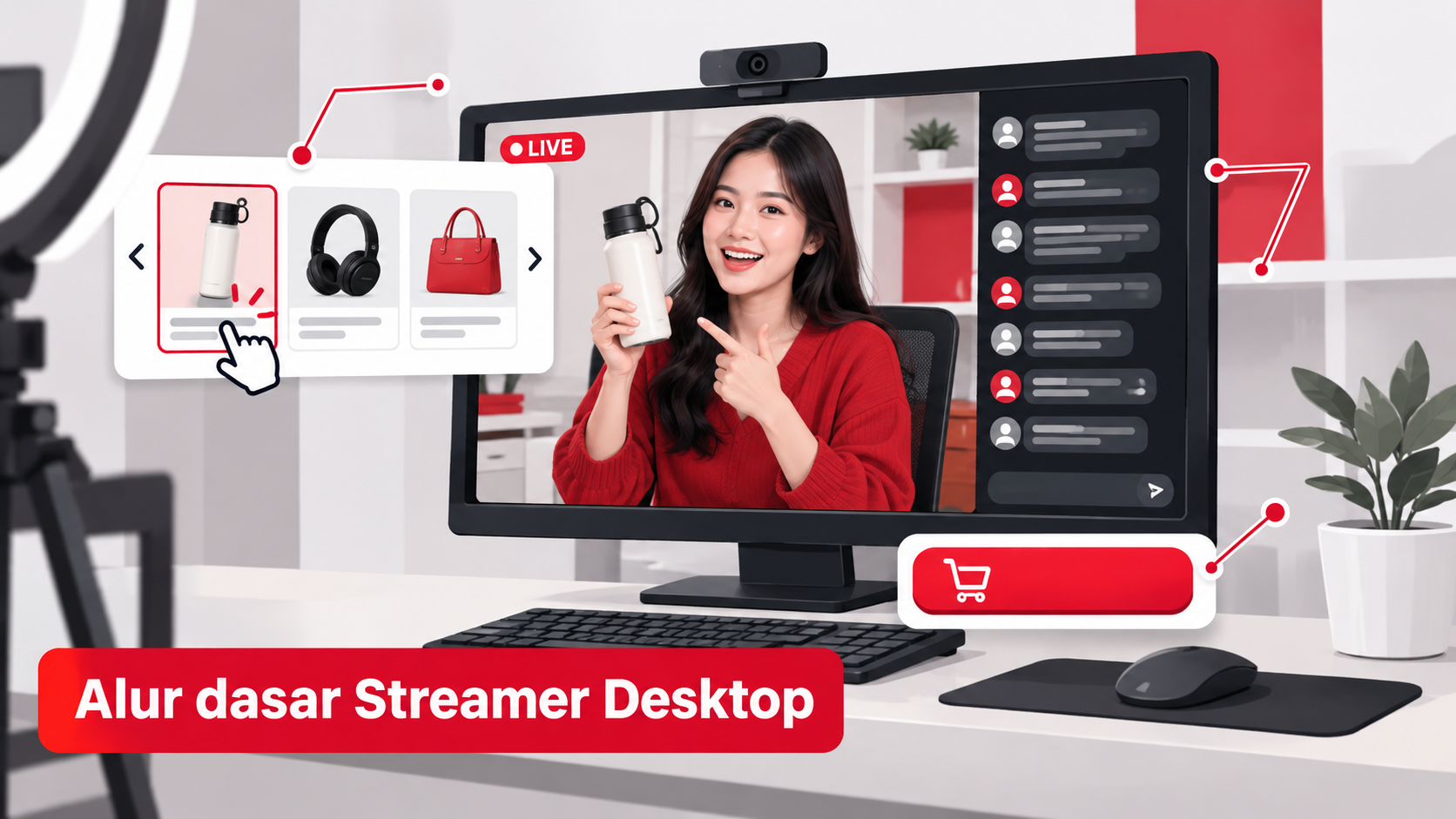 Tampilan dasar Streamer Desktop untuk menampilkan produk dan interaksi | live shopping